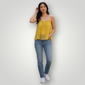 Ann‎ Taylor Women's M Top Yellow Lace Overlay Pleated Cami Blouse